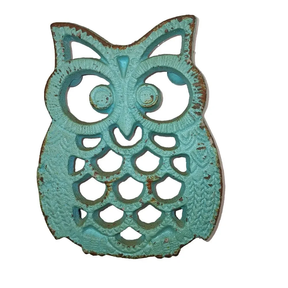 Cast Iron Owl Trivet Turquoise Aqua Blue Rustic Farmhouse 5 1/4